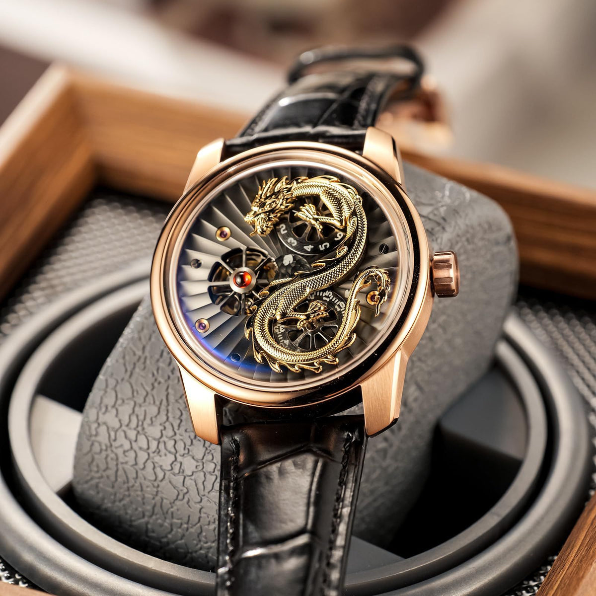 OBLVLO Luxury Dragon Design Mechanical Watch, Leather Band, Silver Case
