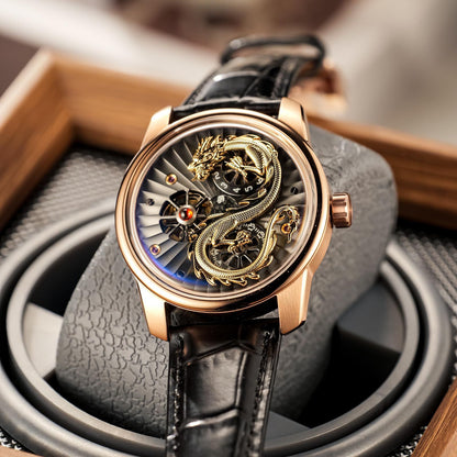 OBLVLO Luxury Dragon Design Mechanical Watch, Leather Band, Silver Case