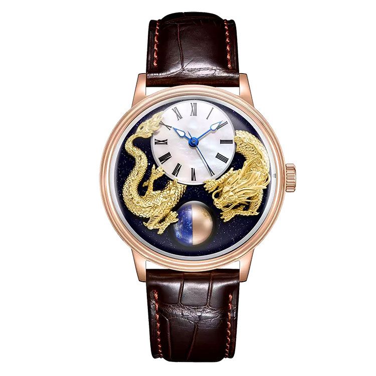 Gold Dragon Watch – Luxury Moon Phase Mechanical Caliber