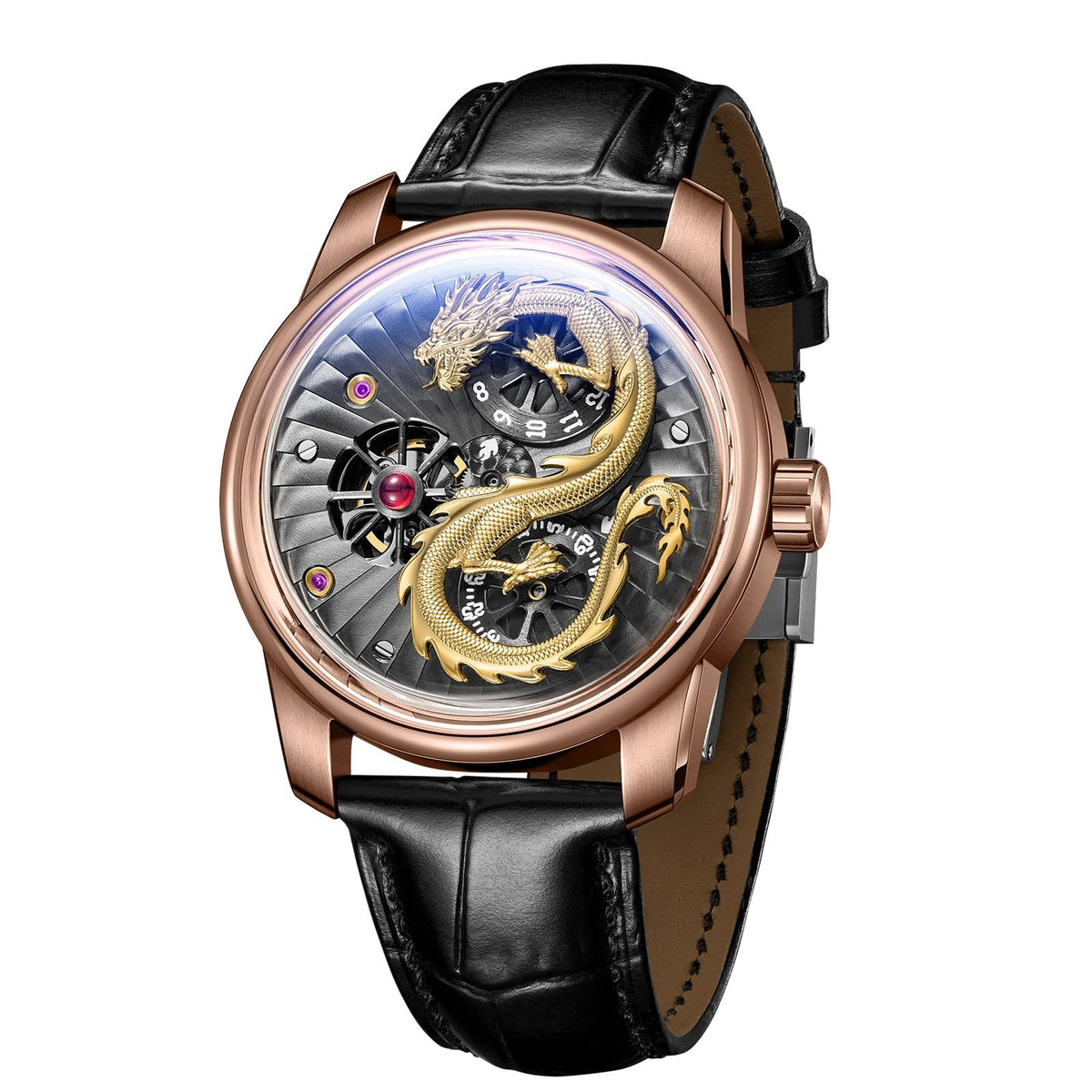 OBLVLO Luxury Dragon Design Mechanical Watch, Leather Band, Silver Case