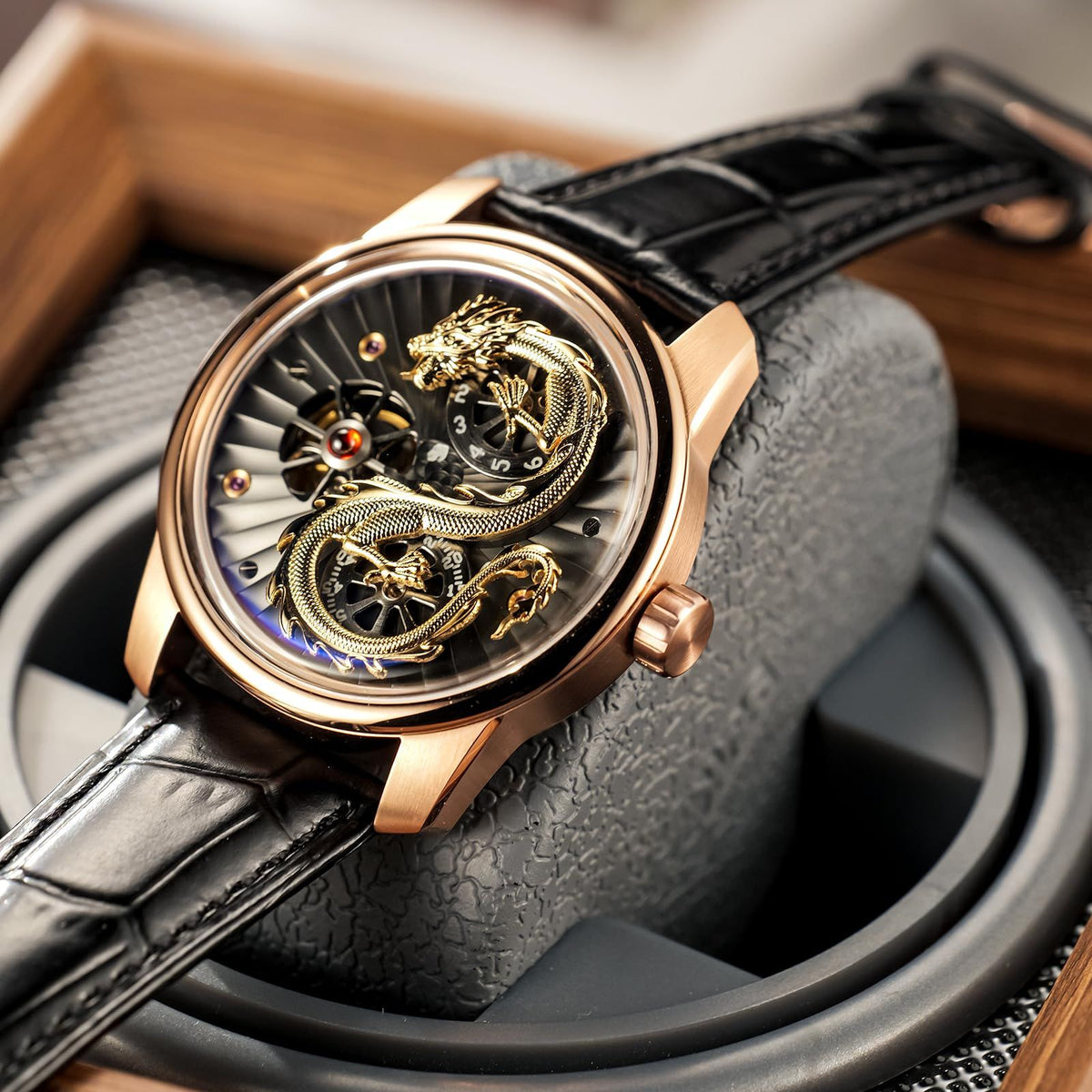 OBLVLO Luxury Dragon Design Mechanical Watch, Leather Band, Silver Case