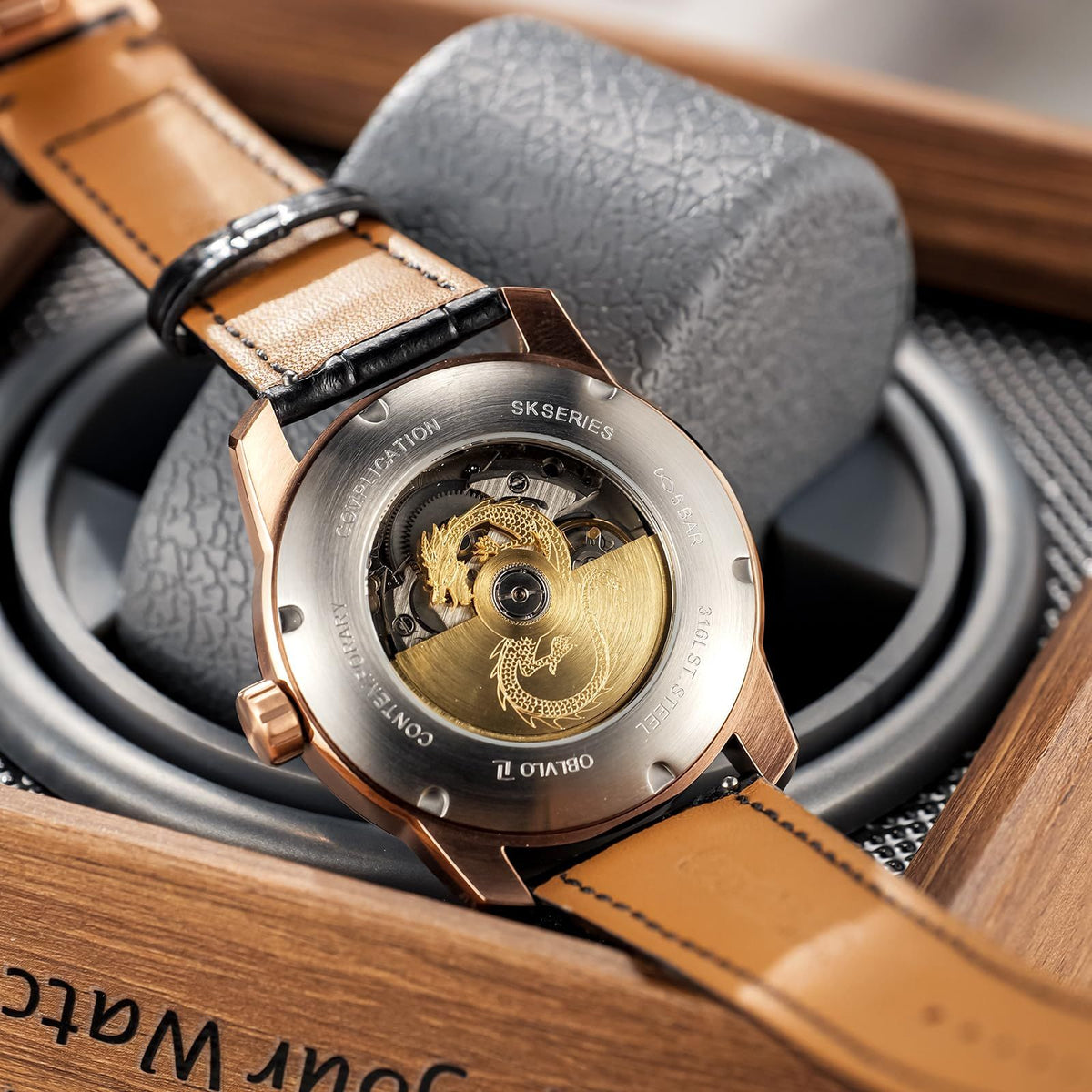 OBLVLO Luxury Dragon Design Mechanical Watch, Leather Band, Silver Case
