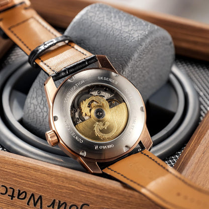 OBLVLO Luxury Dragon Design Mechanical Watch, Leather Band, Silver Case