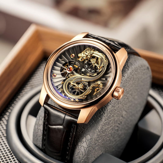 OBLVLO Luxury Dragon Design Mechanical Watch, Leather Band, Silver Case