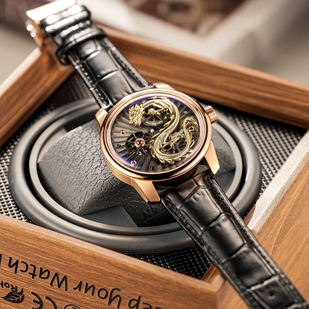 OBLVLO Luxury Dragon Design Mechanical Watch, Leather Band, Silver Case